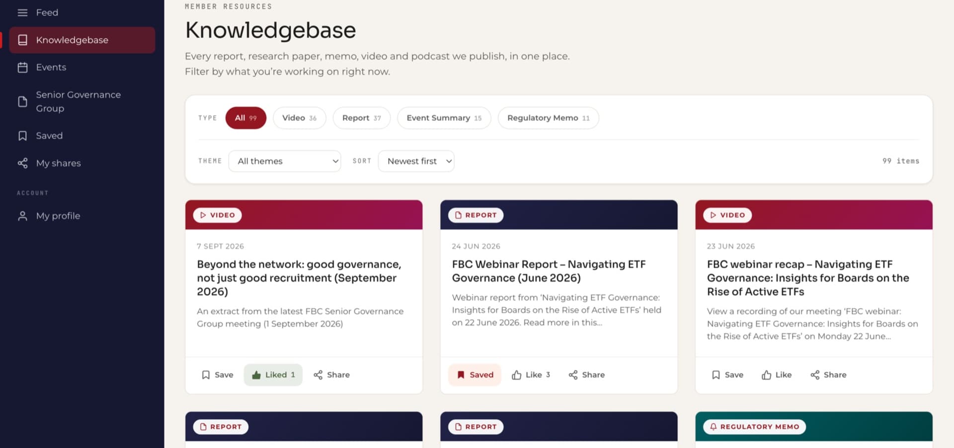 The Fund Boards Council member portal knowledgebase: 99 items filtered by type, with theme and sort controls and save, like and share on every card.